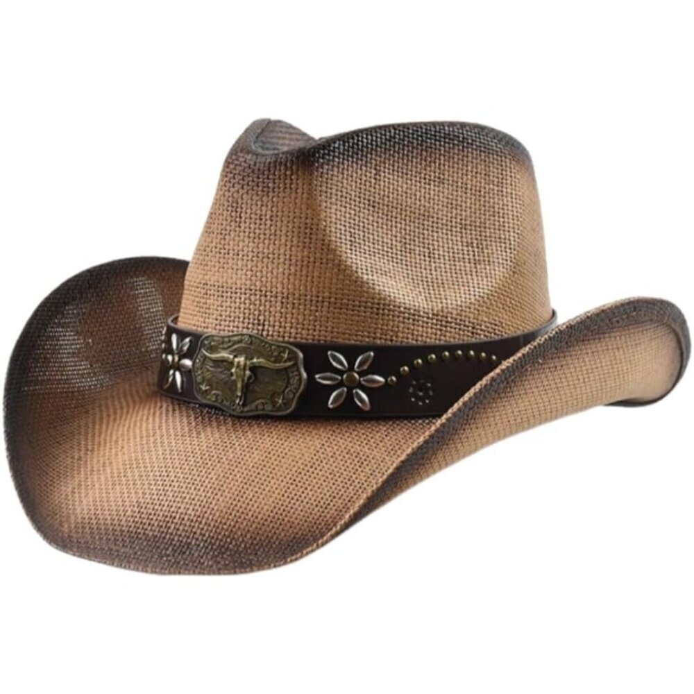 Women's Straw Cowboy Hat Wide Brim Sun Hat Western Cowgirl Accessories